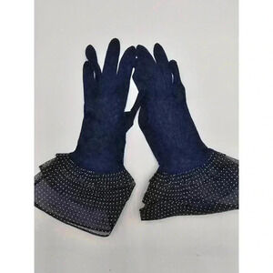 Vtg Van Raalt Women's Navy Blue Polka-dot Ruffle Gloves